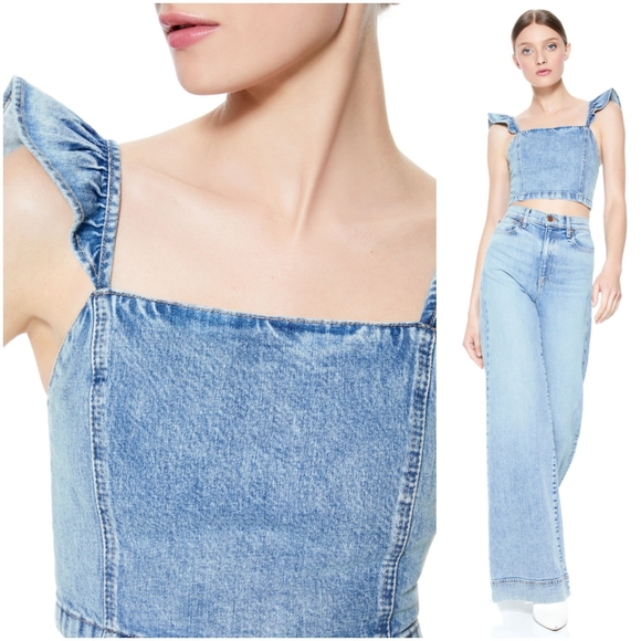 Alice + Olivia Kiley Flutter Shoulder Denim Crop To In Color: Not Yours, Size 10 - Picture 2 of 4